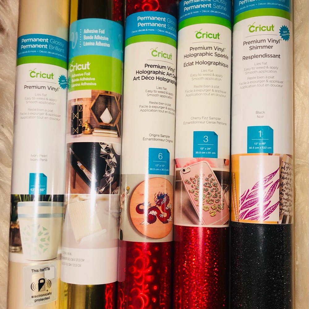 Set of 5:New Premium, permanent, foil, glossy and glitter Cricut vinyl.